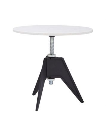 Screw Café Table von Tom Dixon mit weißer Tischplatte und schwarzem Metallfuß.
